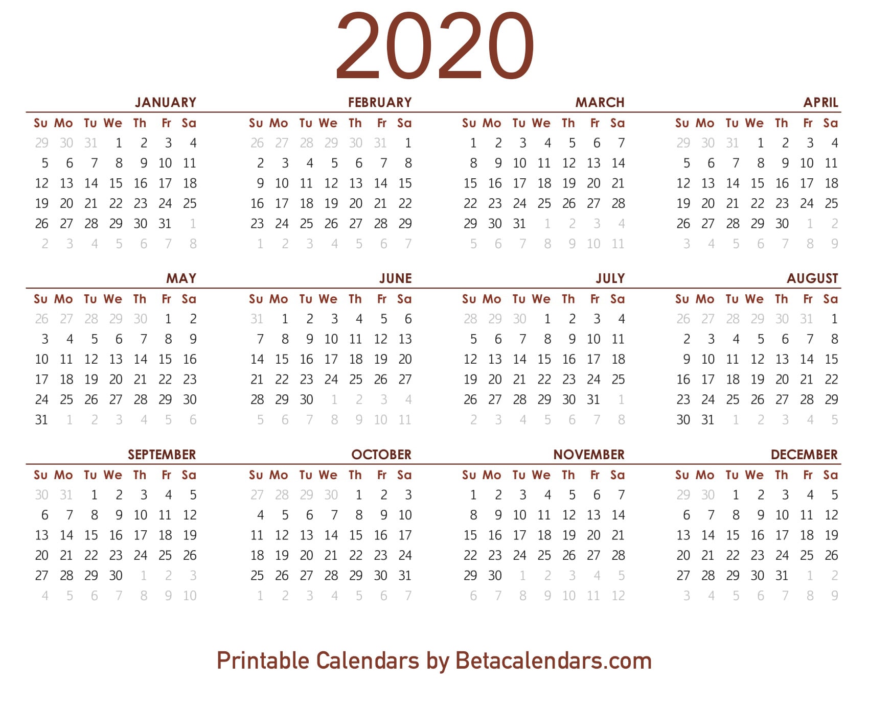 2020 Calendar Free Printable Yearly Calendar 2020