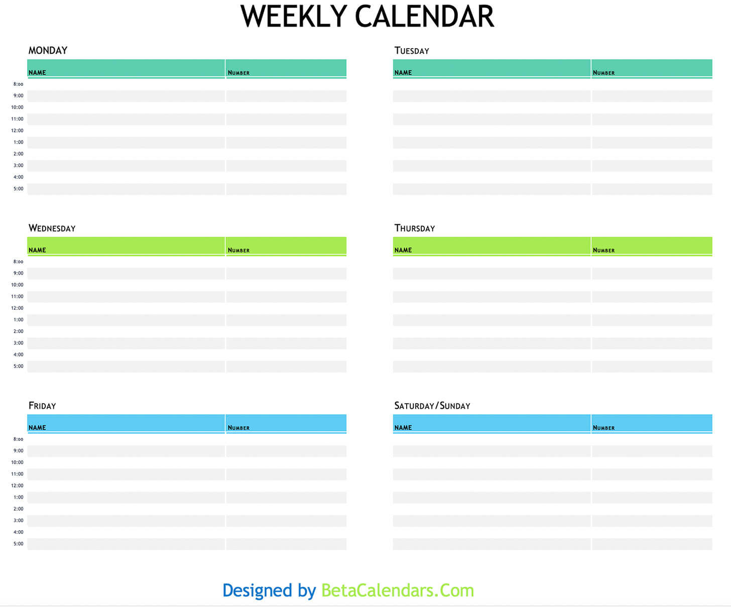 free printable weekly calendar templates