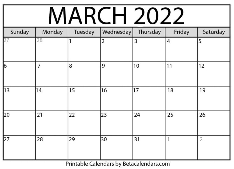 free printable calendar march 2022