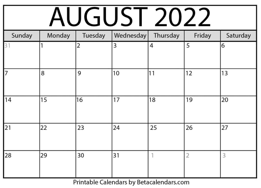 Free Printable August 2022 Calendar