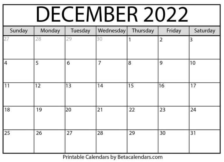 Free Printable December 2022 Calendar