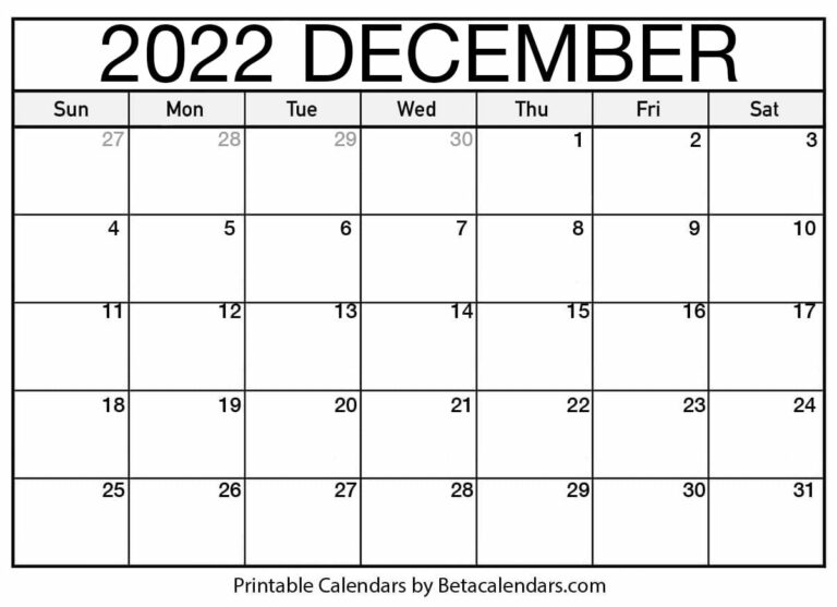 Free Printable December 2022 Calendar