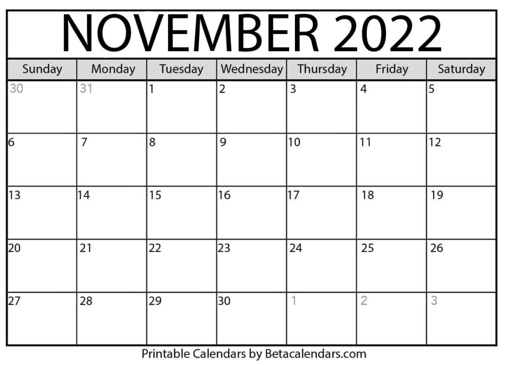 Free Printable November 2022 Calendar