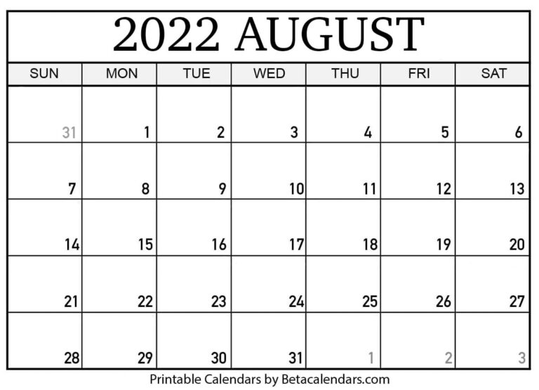 Free Printable August 2022 Calendar