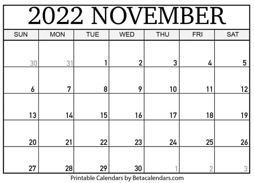 Free Printable November 2022 Calendar