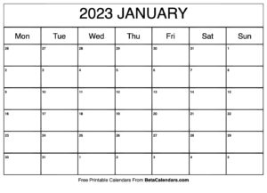 Free Printable January 2023 Calendar