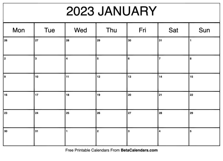 Free Printable January 2023 Calendar