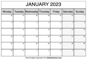 Free Printable January 2023 Calendar