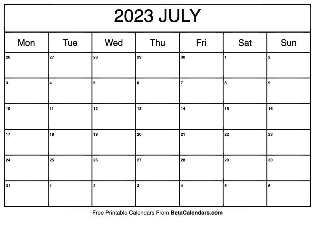 Free Printable July 2023 Calendar