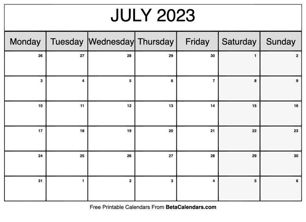 Free Printable July 2023 Calendar