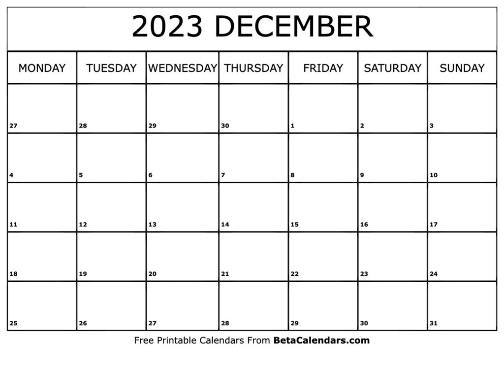 Free Printable December 2023 Calendar