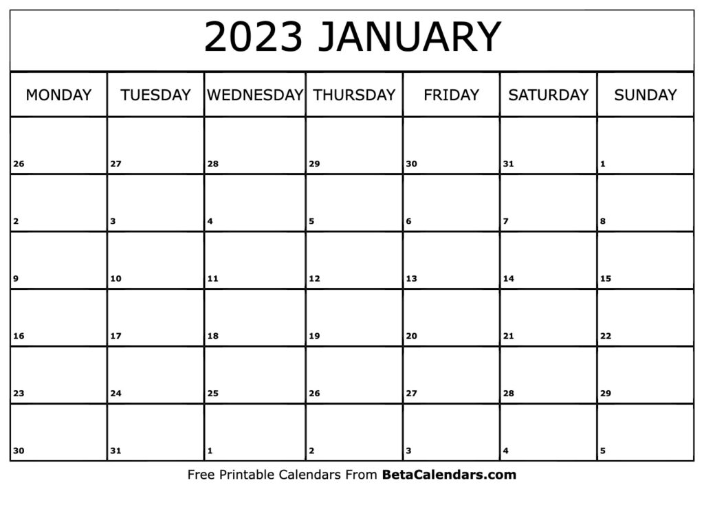 Free Printable January 2023 Calendar