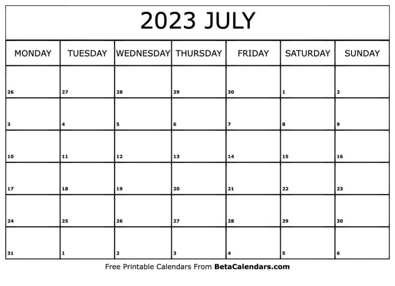 Free Printable July 2023 Calendar