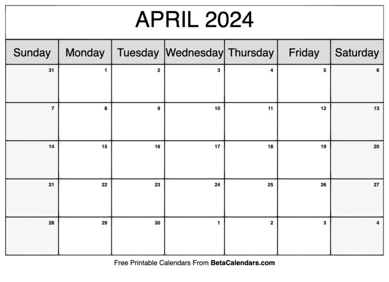 Free Printable April 2024 Calendar
