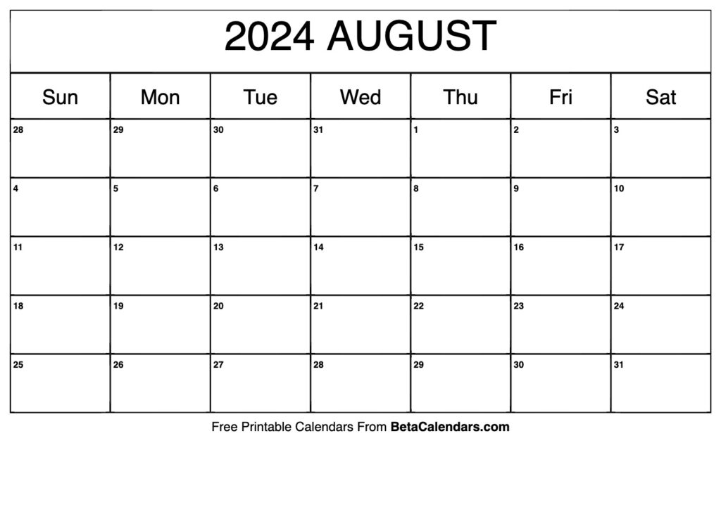 Free Printable August 2024 Calendar