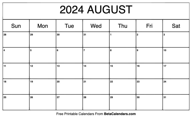 Free Printable August 2024 Calendar