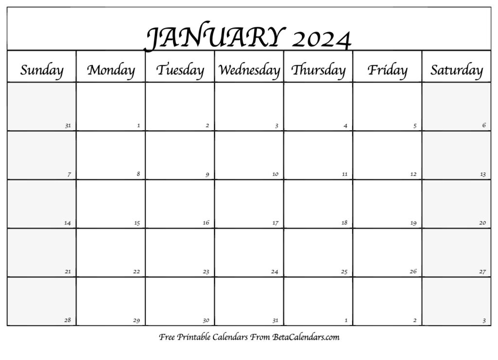 Free Printable January 2024 Calendar