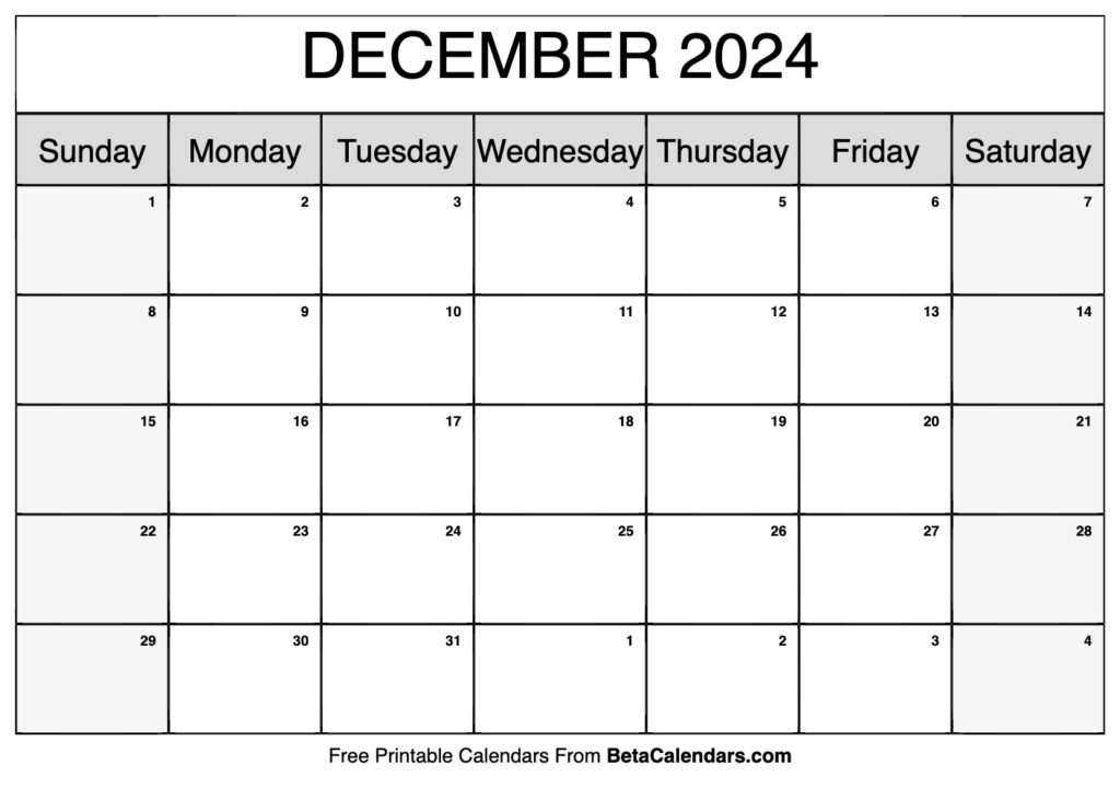 Free Printable December 2024 Calendar