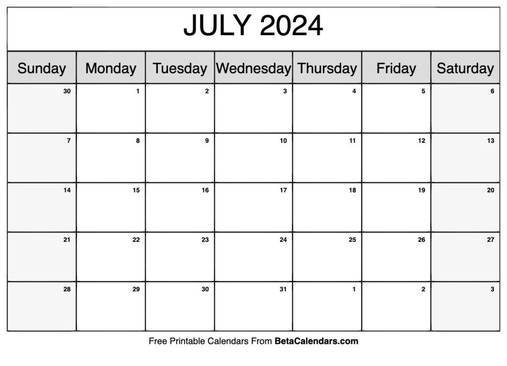 Free Printable July 2024 Calendar