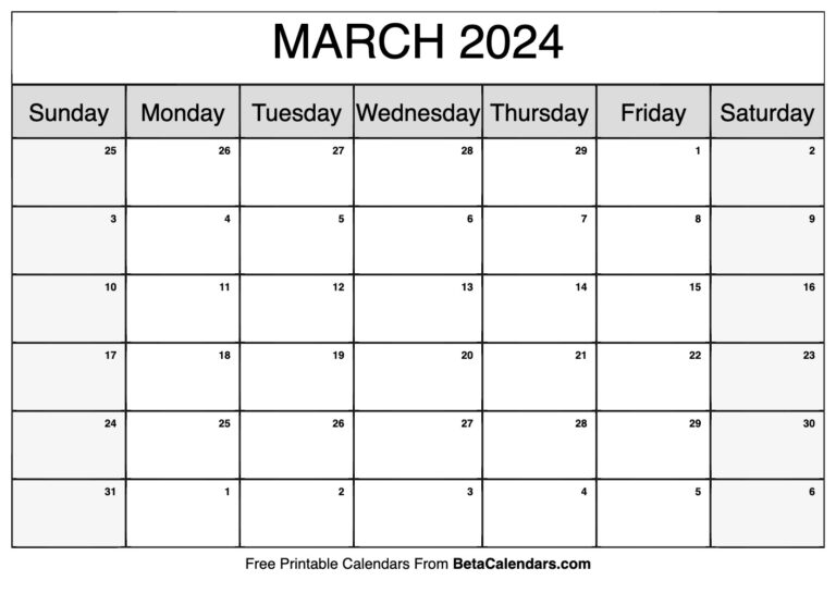 Free Printable March 2024 Calendar