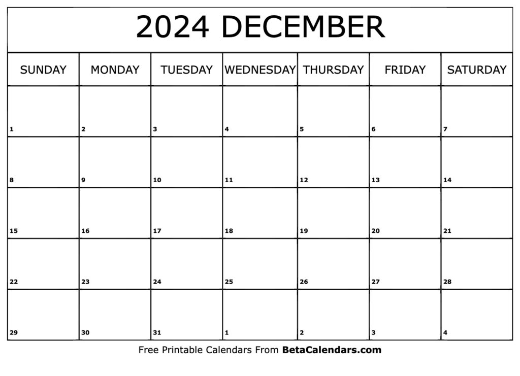 Free Printable December 2024 Calendar