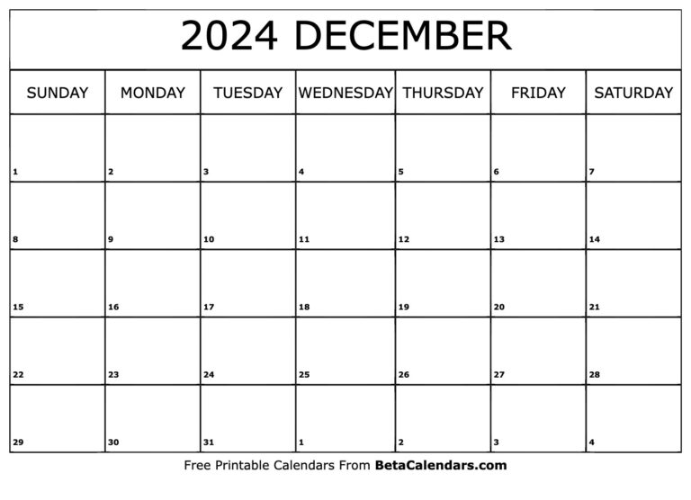 Free Printable December 2024 Calendar