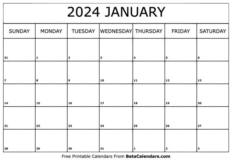 Free Printable January 2024 Calendar