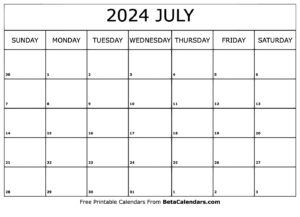 Free Printable July 2024 Calendar