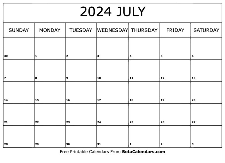 Free Printable July 2024 Calendar